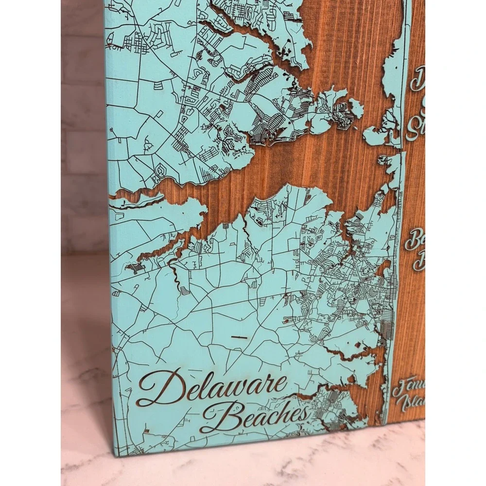 Fire & Pine Delaware Beaches Wood Wall Art Teal Laser Engraved Map Sign